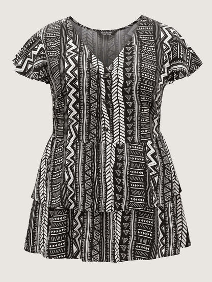 Geometric Print Button Layered Blouse
