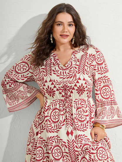 Ornate Print Color Contrast Midi Dress