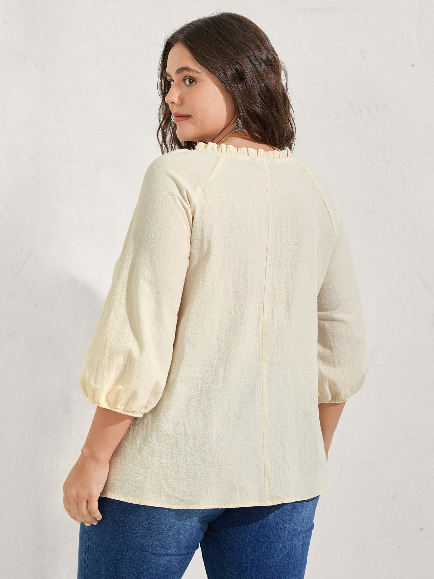 Cotton Lace Embroidered Shirred Neck-Tie Blouse