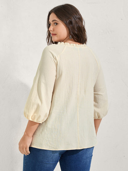 Cotton Lace Embroidered Shirred Neck-Tie Blouse