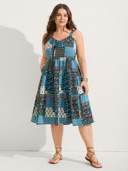 Boho Floral Collage Stretchy Waist Midi Dress