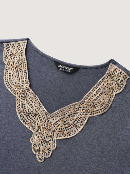 Layered Sleeve Lace Neck Solid T-Shirt