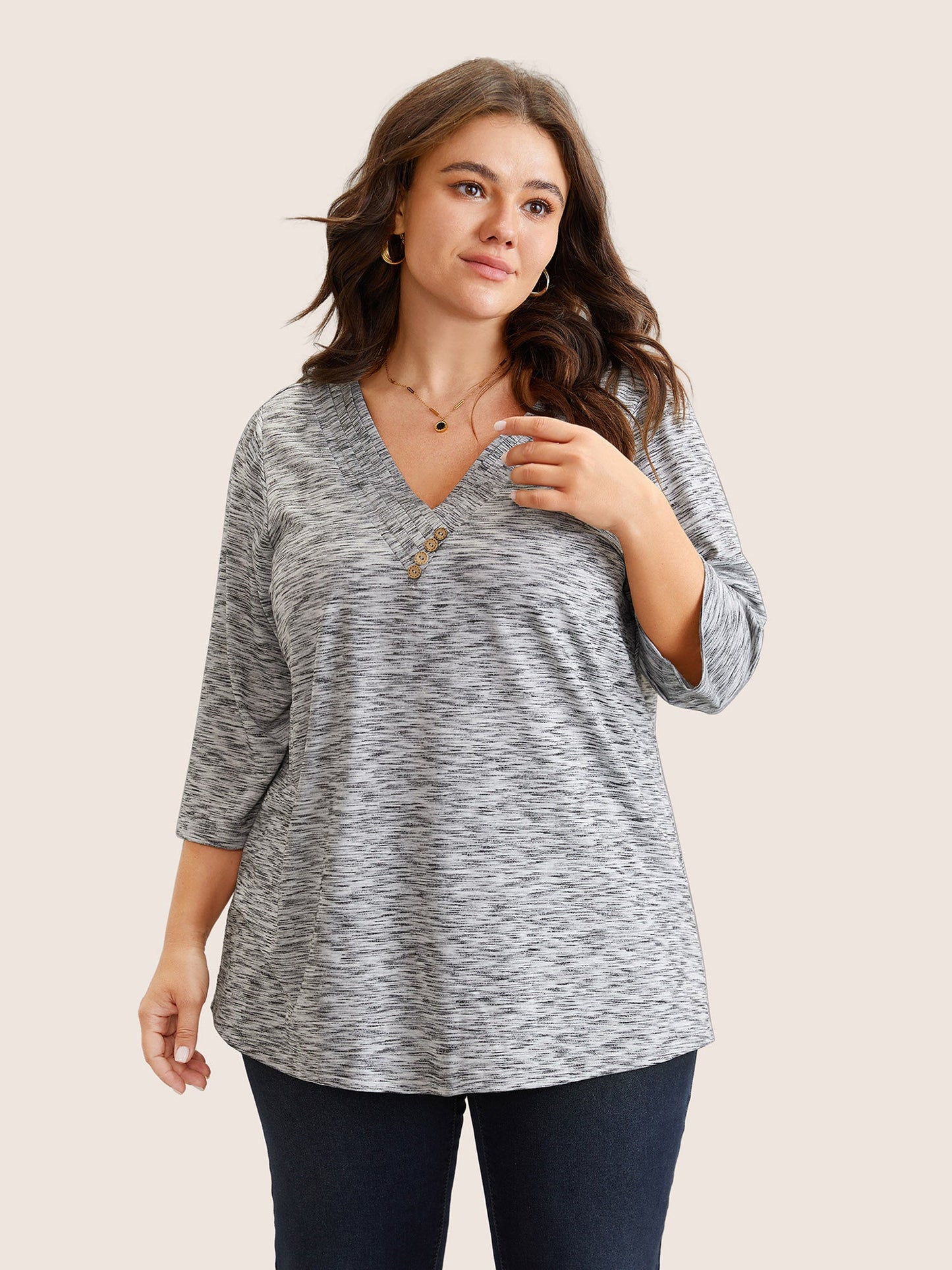 Heather Pleated Button Detail T-shirt
