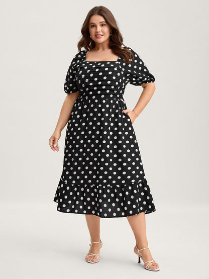 Polka Dots Pleated Bodice Midi Dress