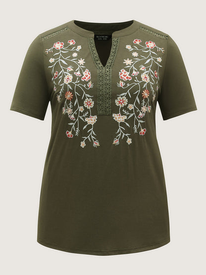 Floral Embroidery Lace Trim T-Shirt