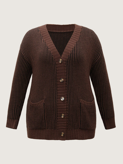 Textured Pocket Buttons Solid Knit Cardigan