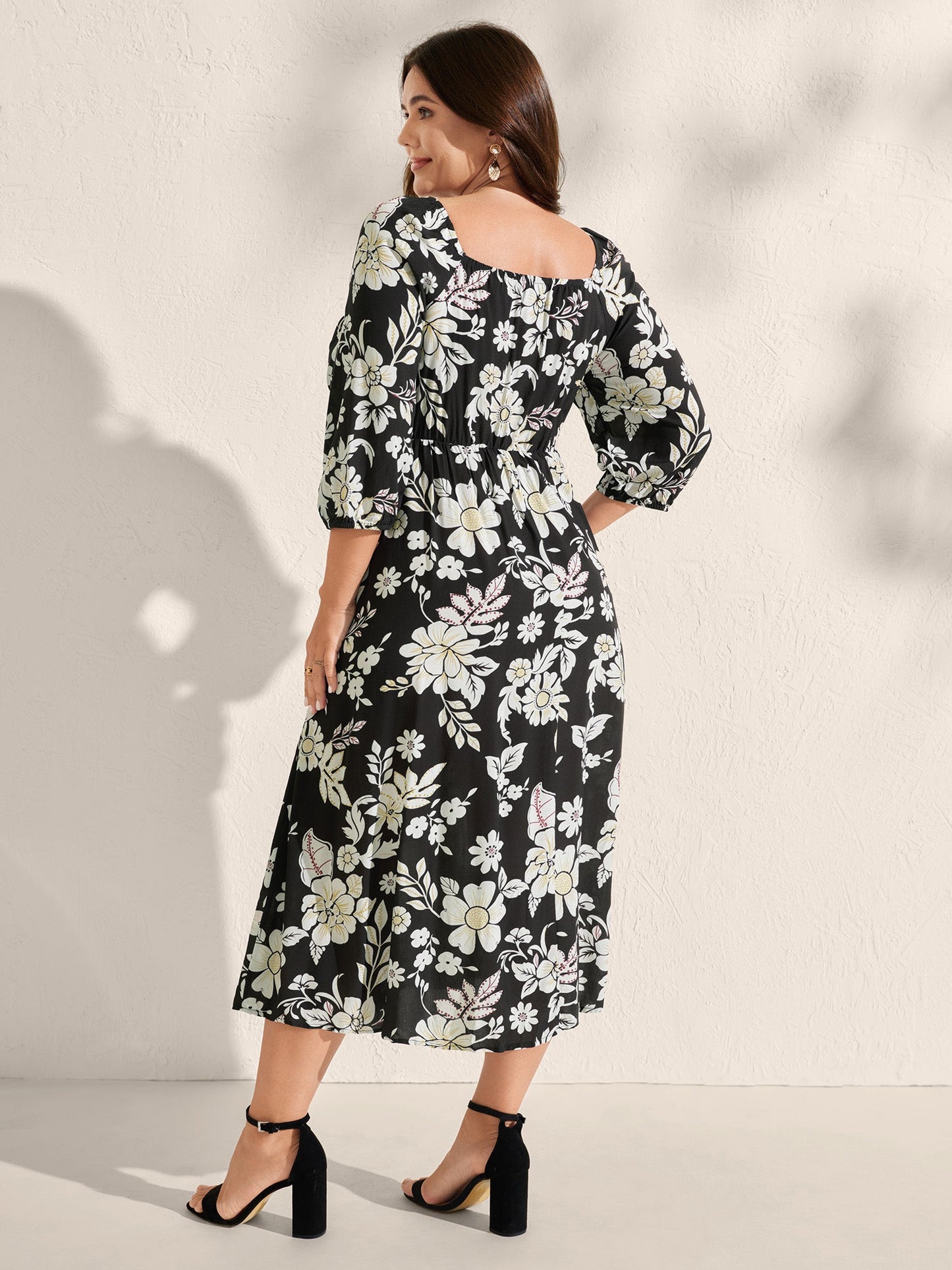 Floral Print Slit Shirred Bodice Midi Dress