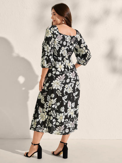Floral Print Slit Shirred Bodice Midi Dress