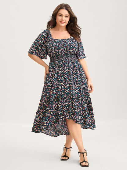 Micro Floral Shirred Asymmetrical Midi Dress