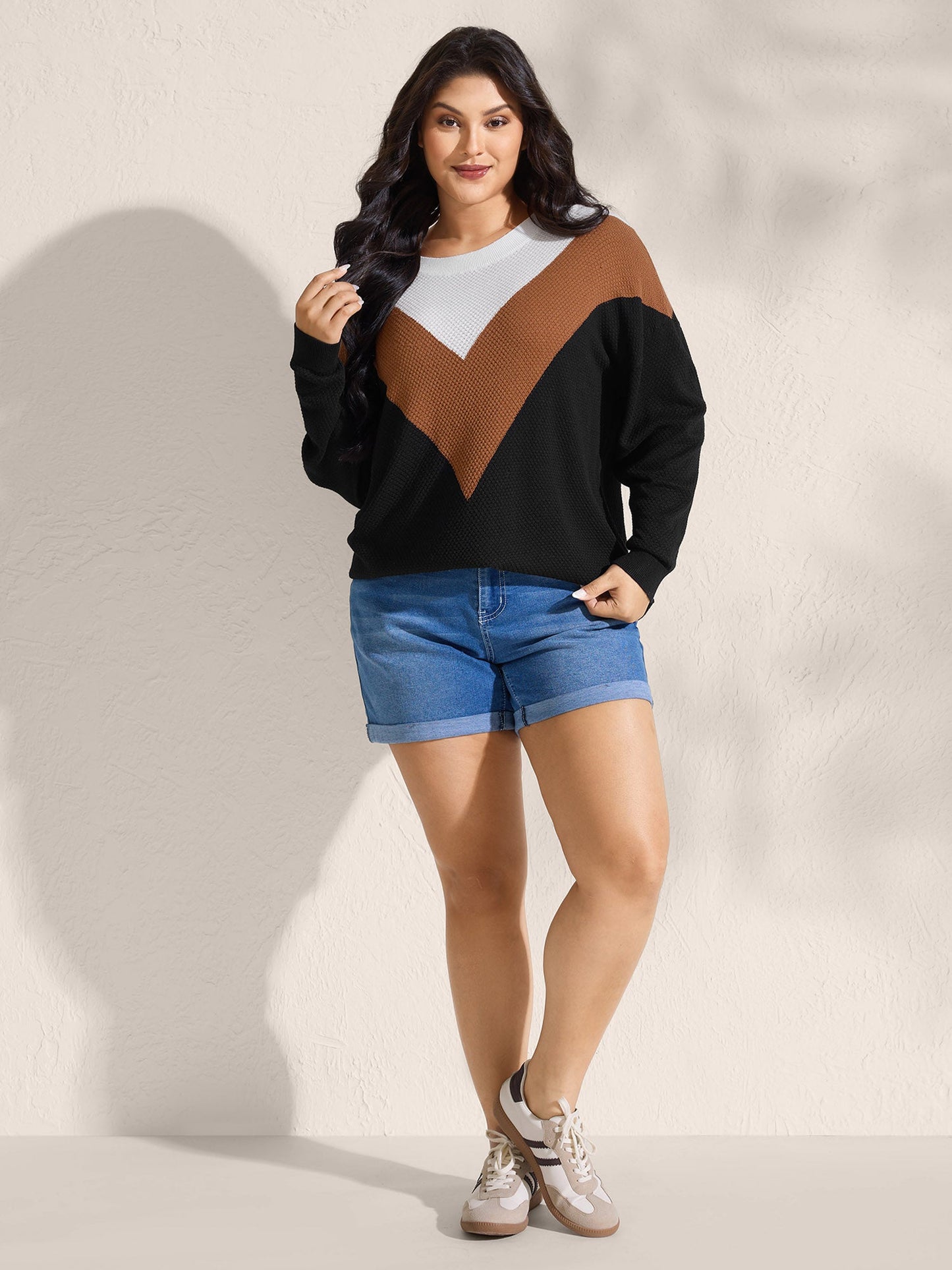Textured Color Contrast Round Neck Pullover