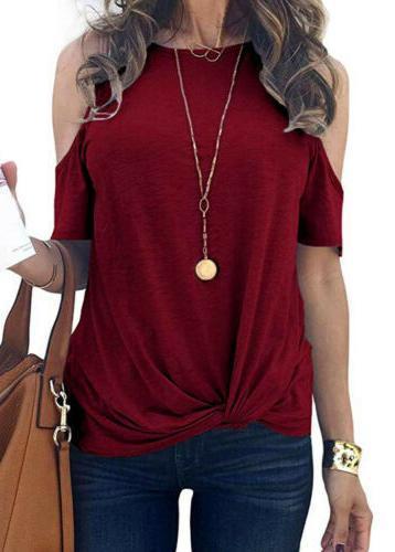 Round Collar Solid Button Off Shoulder Casual Short Sleeve T-Shirt