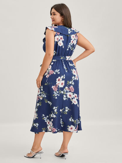 Floral Belted Waist Ruffled Pockets Midi Dress