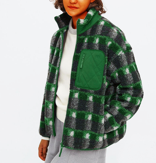 Fleece printed jacket with stand-up collar and long sleeves
