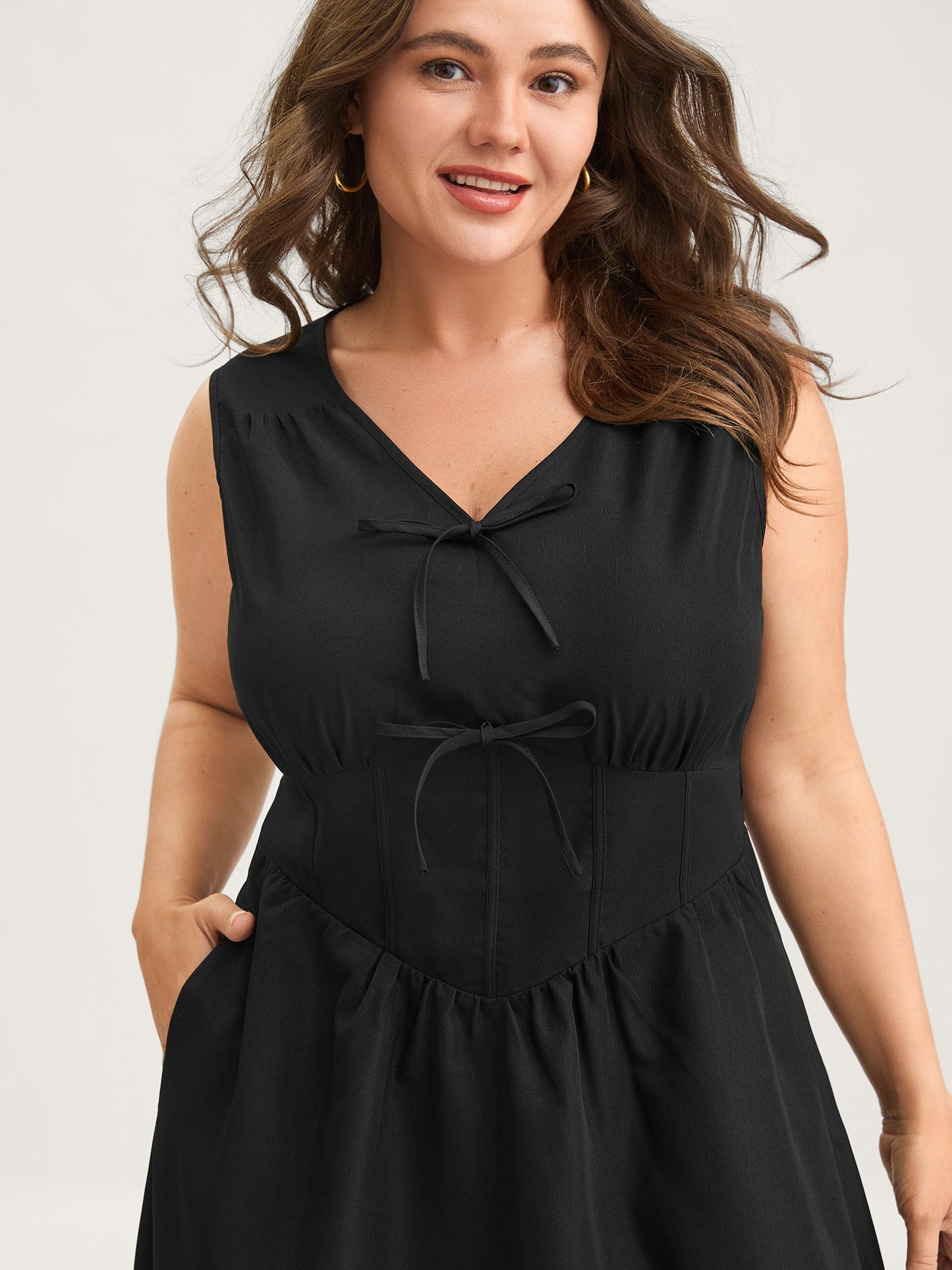 Bow Tie Drop Waist Shirred Midi Dress