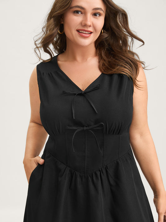 Bow Tie Drop Waist Shirred Midi Dress