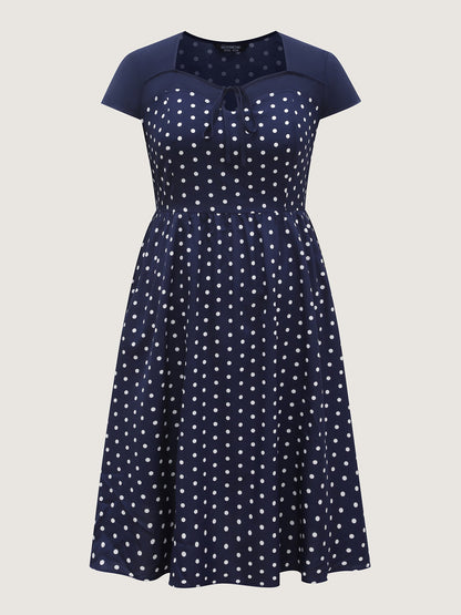 Polka Dots Stretchy Waist Pockets Midi Dress