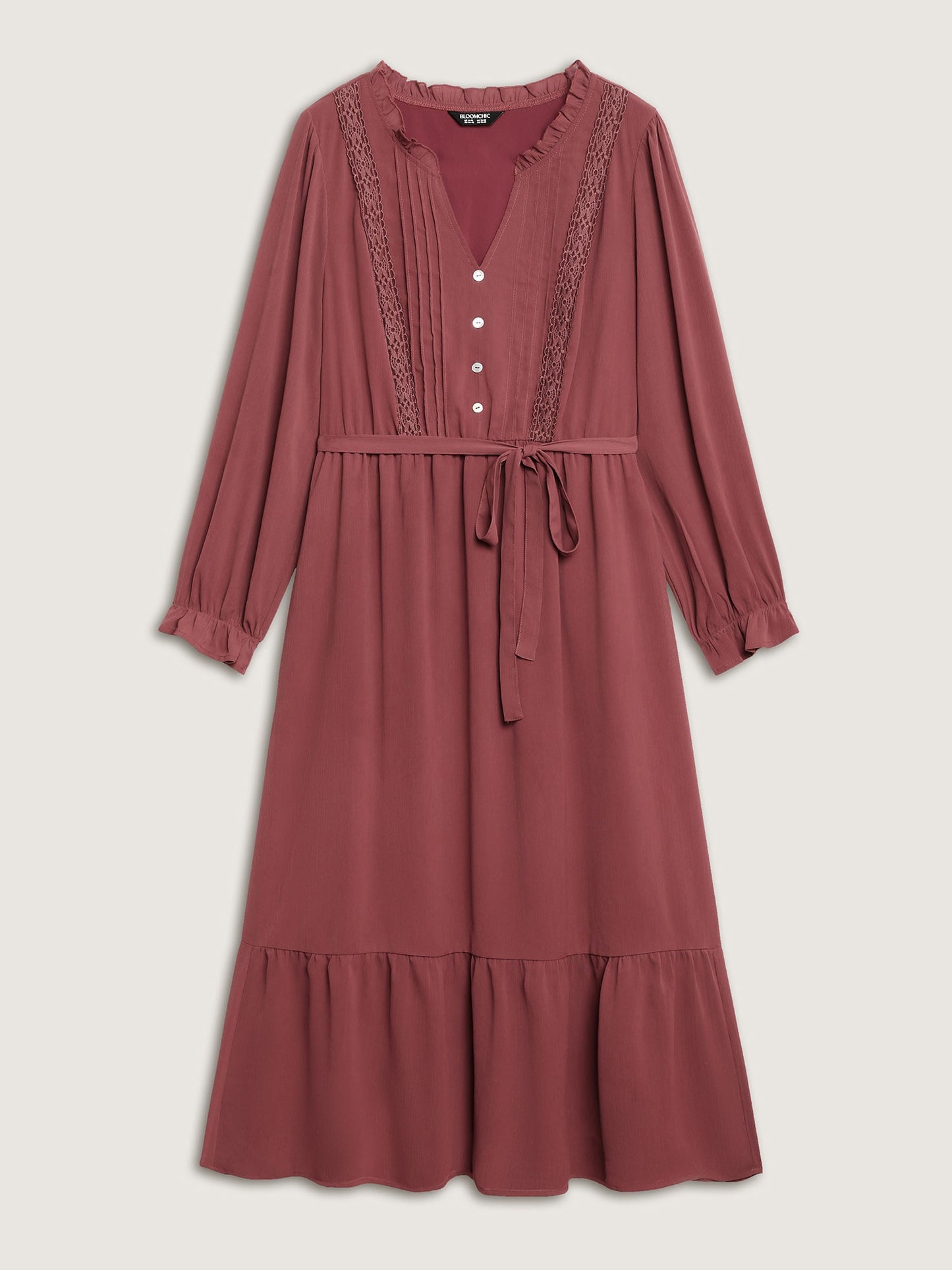 Pintuck Pleats Lace Trim Waist-Tie Maxi Dress