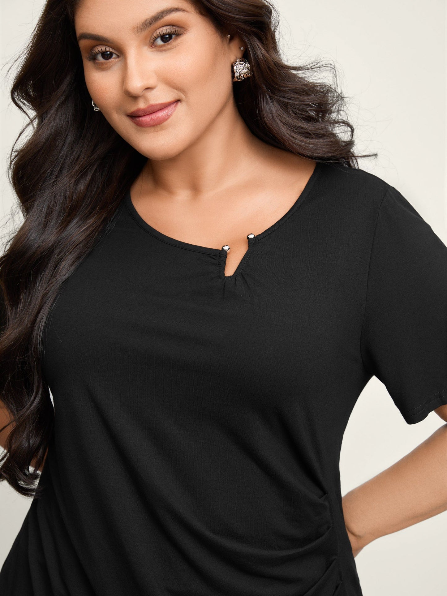 Supersoft Neckline Metal Cuff Pleated Solid Top