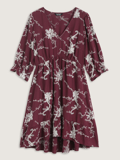 Floral Embroidered Stretchy Waist Midi Dress