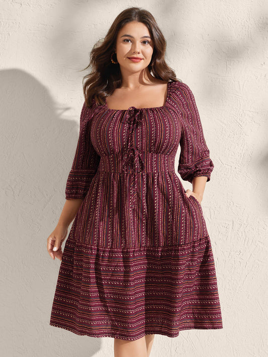 Fall Stripes Cinched-Waist Tie Midi Dress