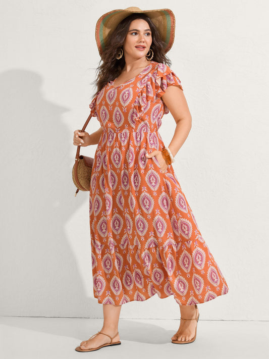 Rayon Boho Print Pocket Midi Dress