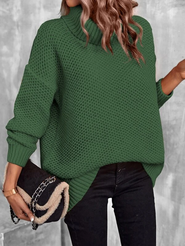 Turtleneck Drop Shoulder Pointelle Knit Sweater