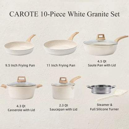 Pots and Pans Set Nonstick, 10 Pcs White Granite Induction Kitchen Cookware Sets