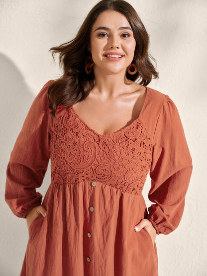 Lace Bodice Puffy Sleeve Button Midi Dress
