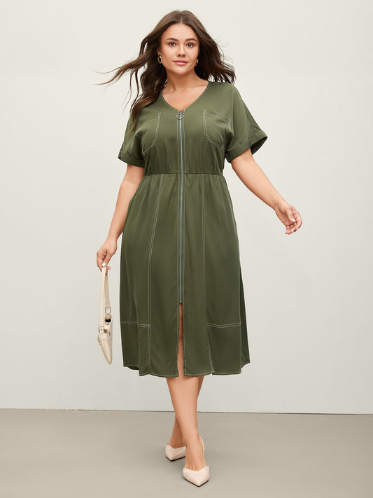 Monochrome Zipper Front Pockets Midi Dress