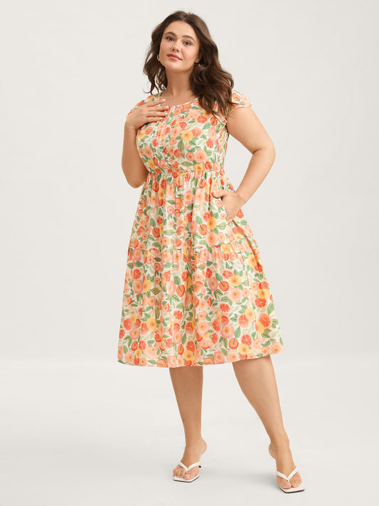 Citrus Print Pleated Flutter Sleeve Midi Dress