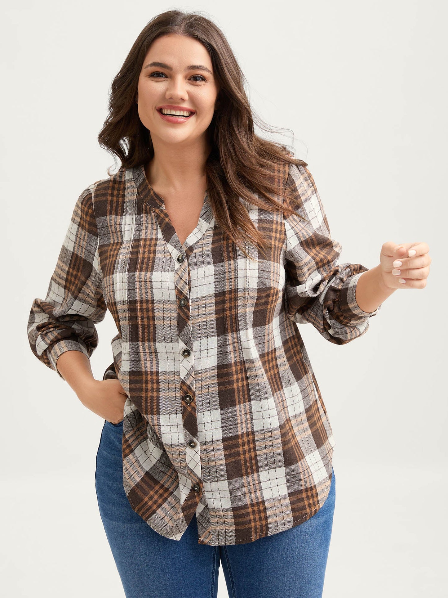 Plaid Print Button Placket Curvy Hem Blouse