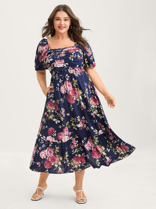 Rosy Print Pleated Bust Ease Midi Dress
