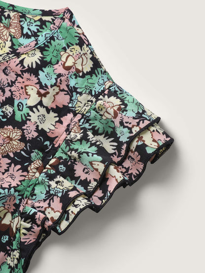 Floral Layered Ruffled Sleeve Midi Dress