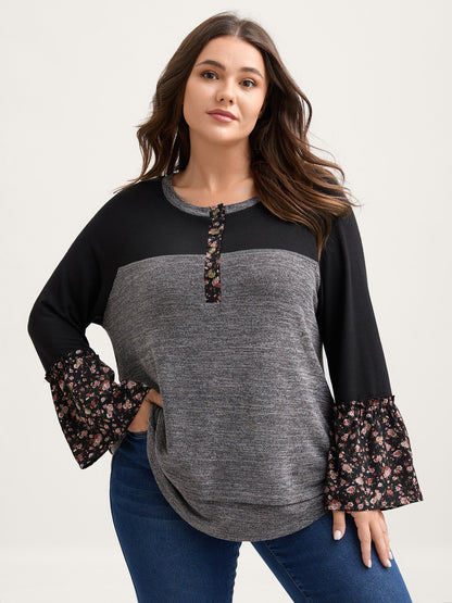 Floral Print Flared Sleeve Contrast Sweatshirt