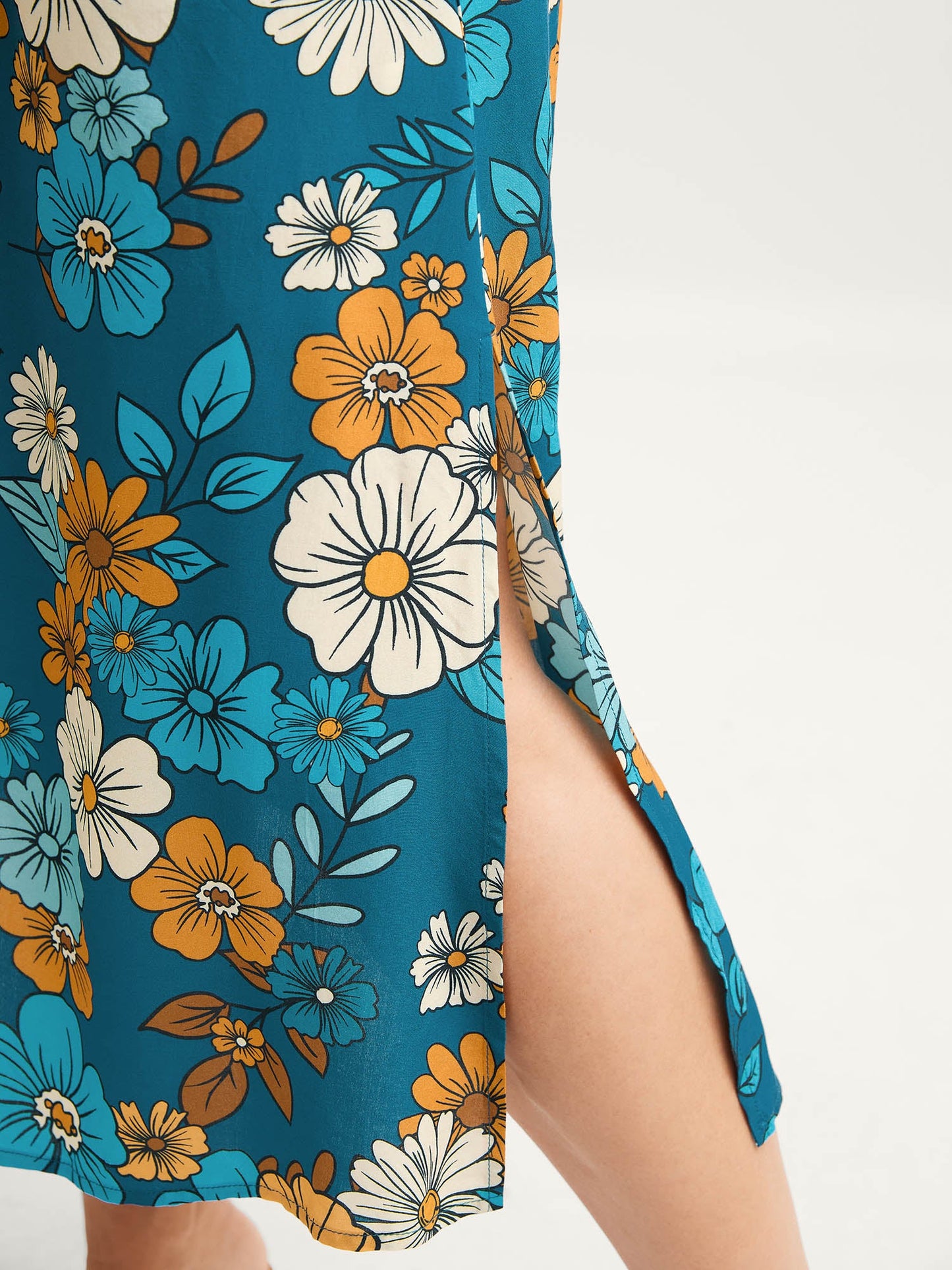 Floral Drawstring Bodice Side Slit Midi Dress
