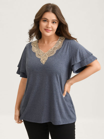 Layered Sleeve Lace Neck Solid T-Shirt