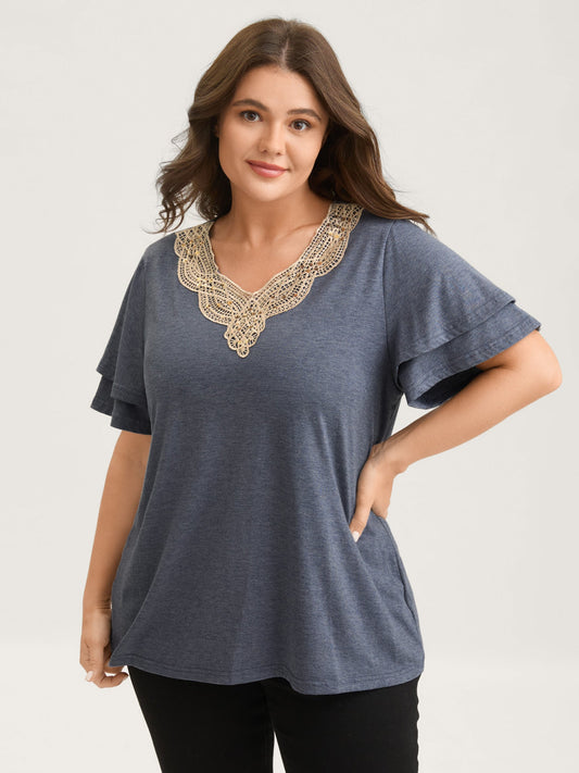 Layered Sleeve Lace Neck Solid T-Shirt