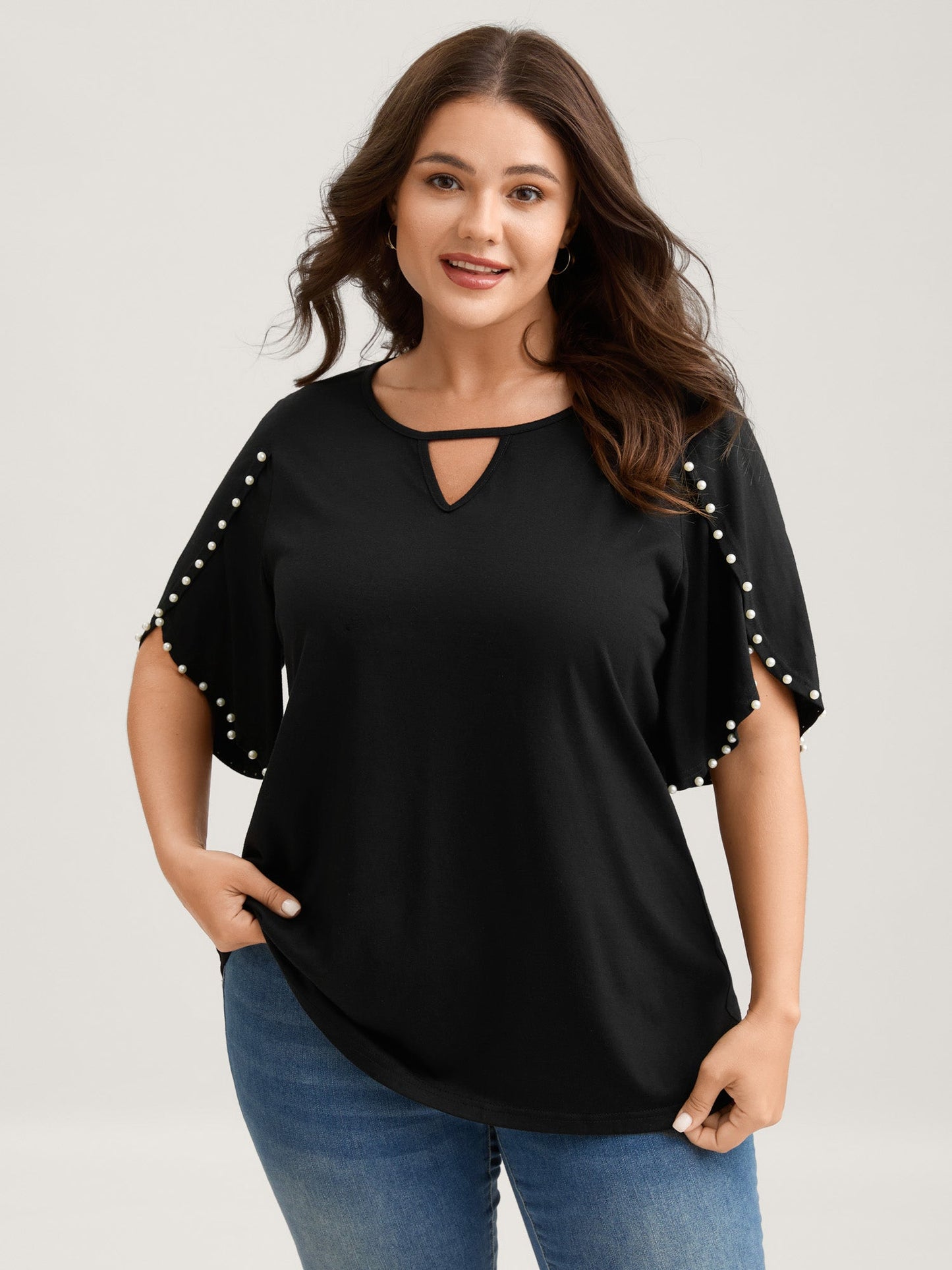 Pearl Petal Sleeve Neck Cut-Out Blouse