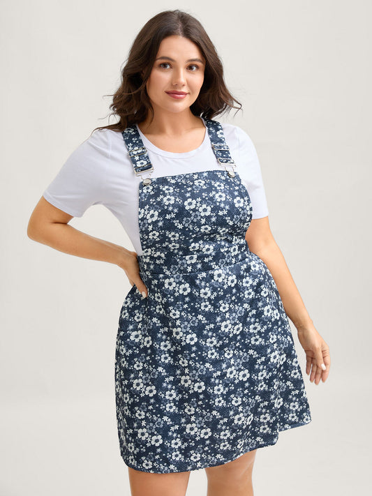 Floral Overall Straps Stretchy Waist Midi Dress