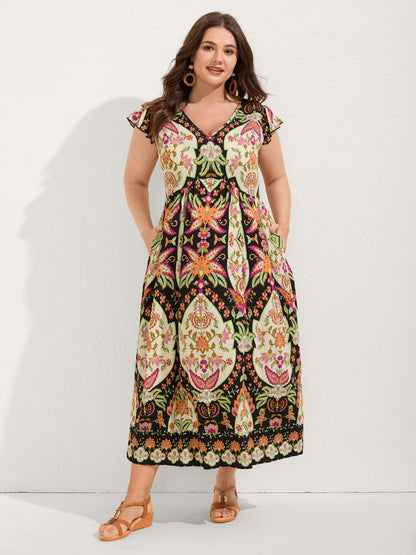 Floral Print Ruffled Sleeve V-Neck Midi Dress
