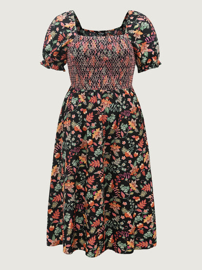Net Shirred Paisley Print Midi Dress