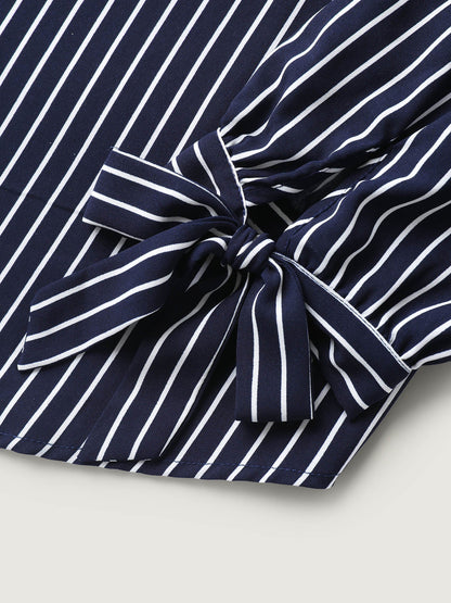 Striped Notched Collar Sleeve Tie Blouse