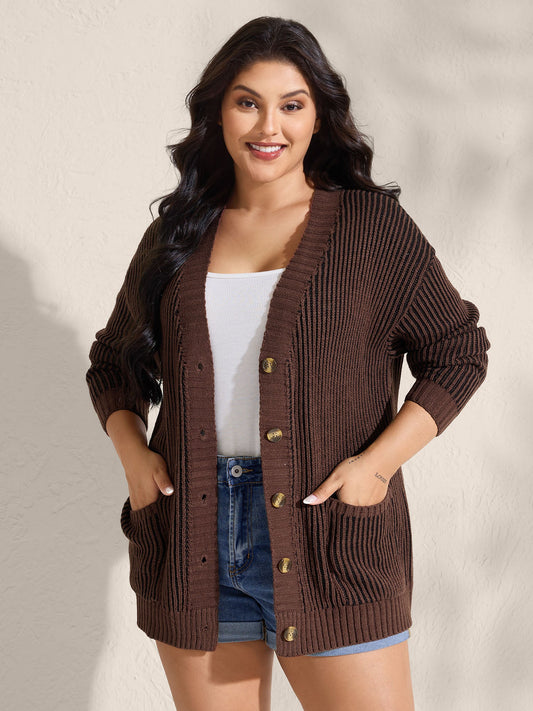 Textured Pocket Buttons Solid Knit Cardigan