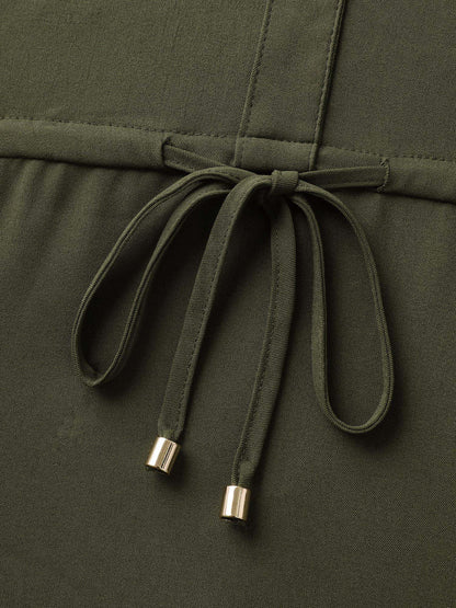Waist Drawstring Pockets Solid Midi Dress