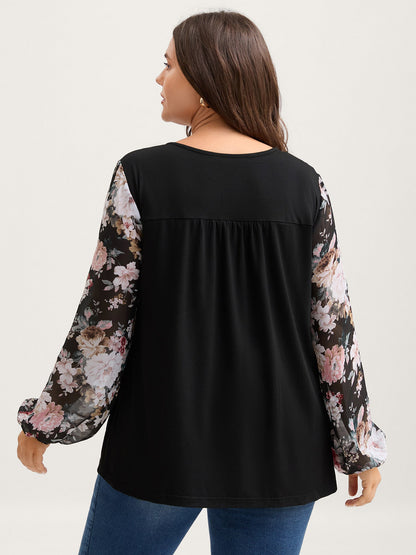 Sheer Floral Print Neck-Tie T-Shirt