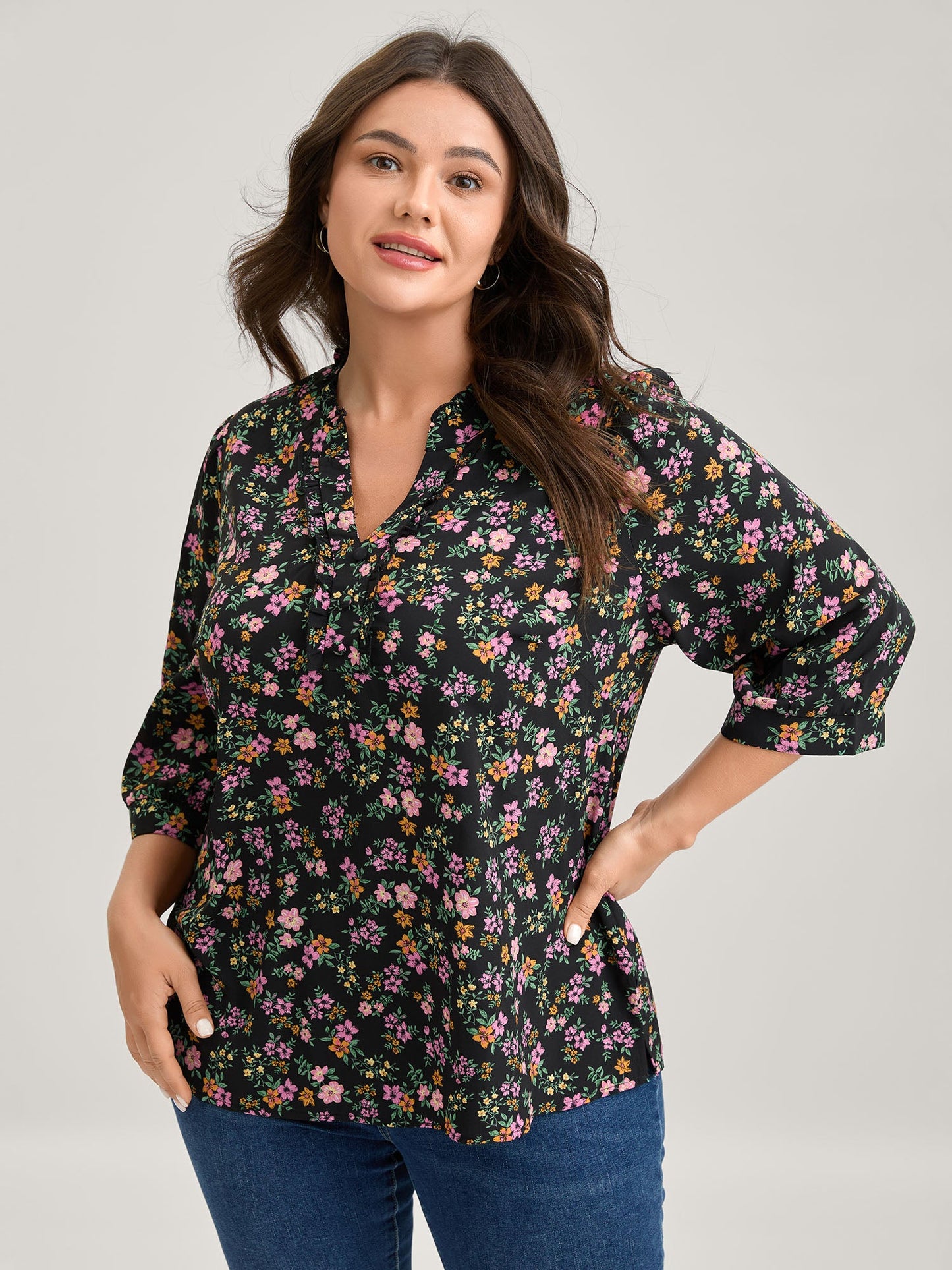 Floral Print Ruffled Neckline Flowy Blouse