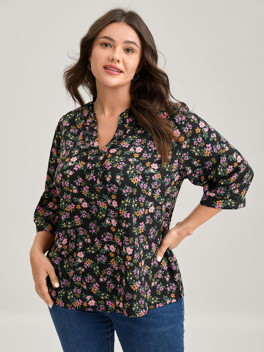 Floral Print Ruffled Neckline Flowy Blouse
