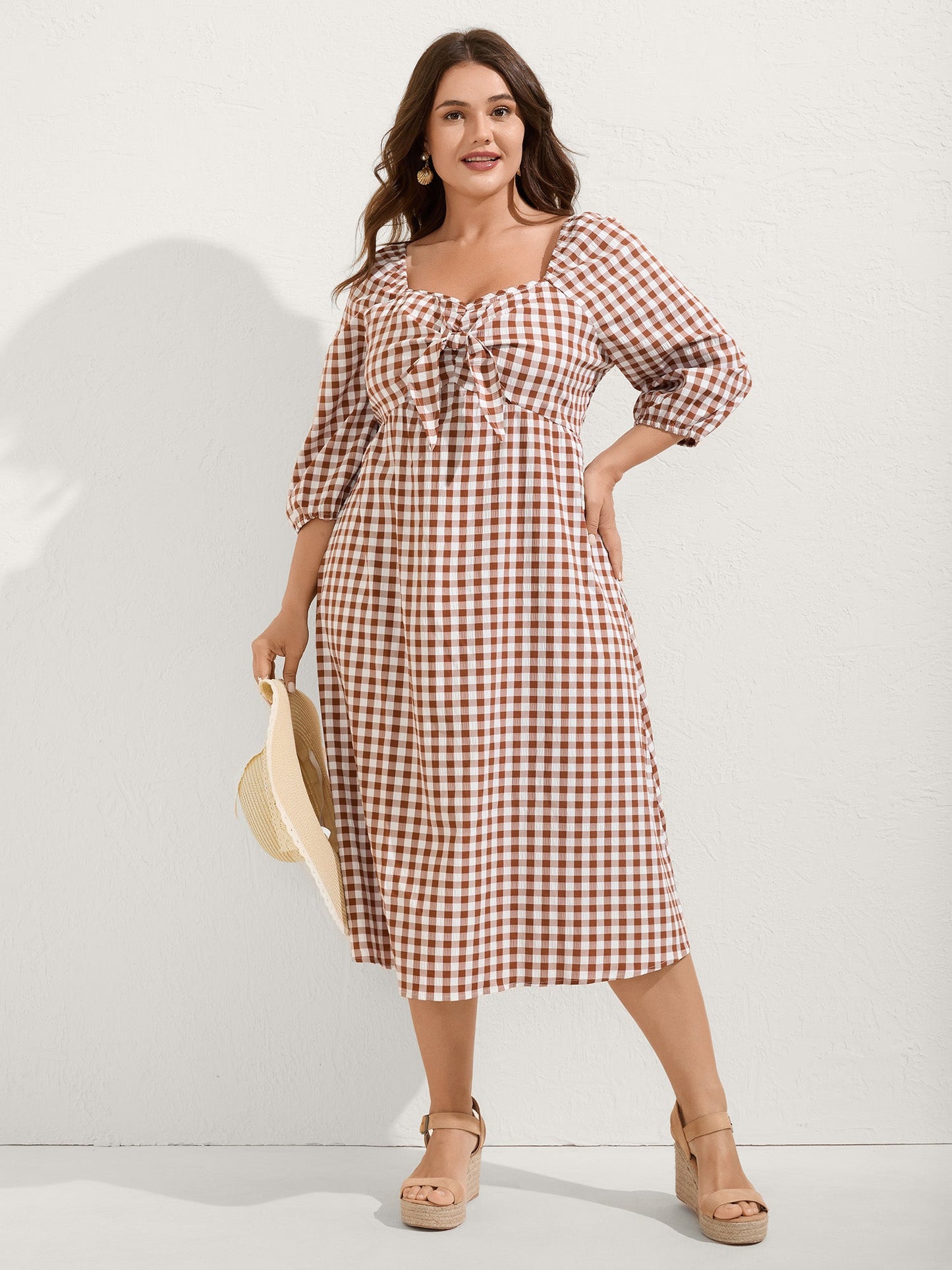Gingham Print Shirred Bodice Knot Midi Dress