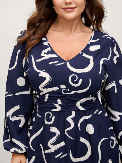 Scribble Print Pleated Cinched Waist Midi Dress