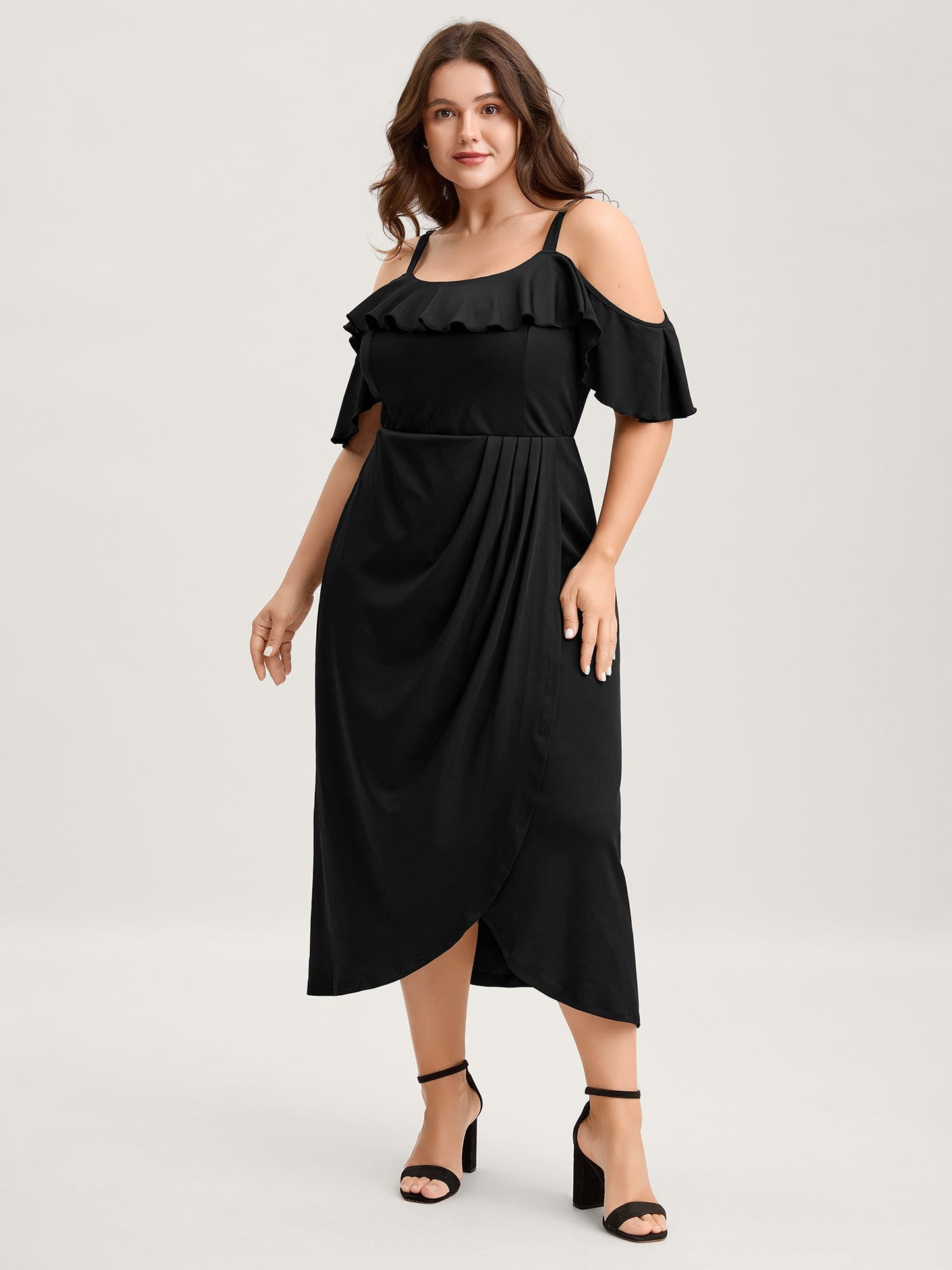 Pleated Ruffled Off-Shoulder Midi Dress